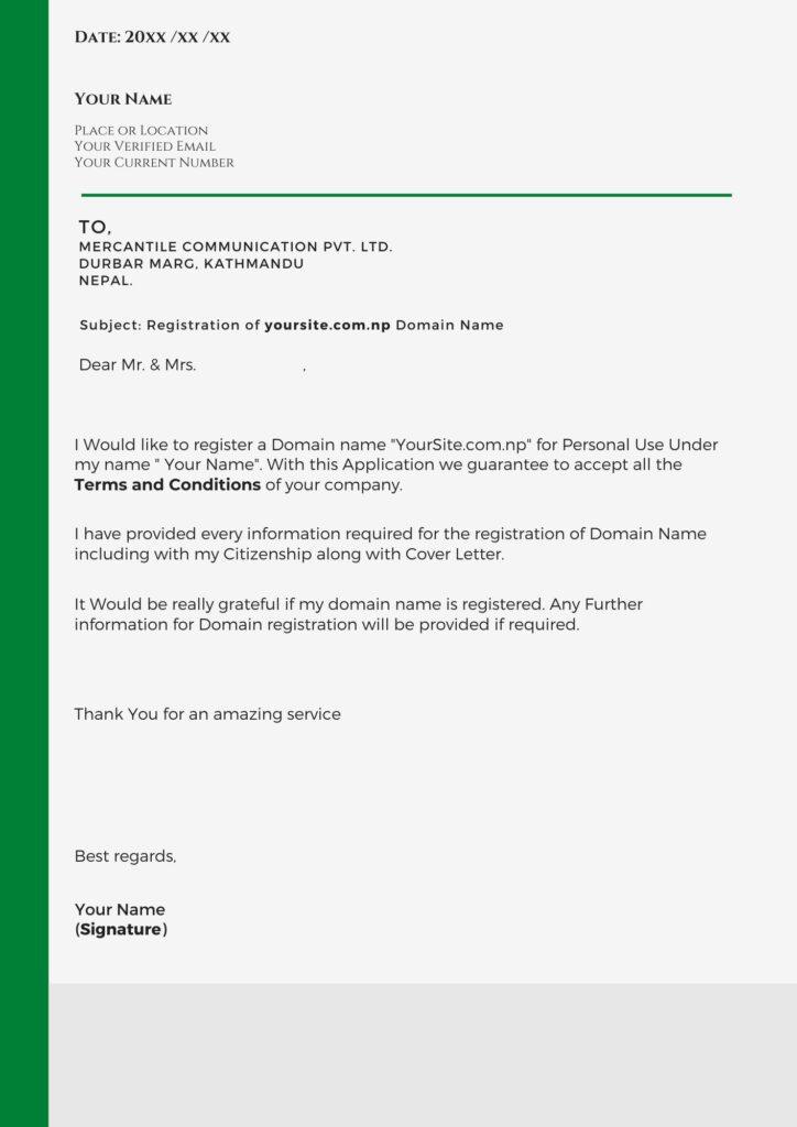 Cover Letter for Domain Registration for Personal Use.