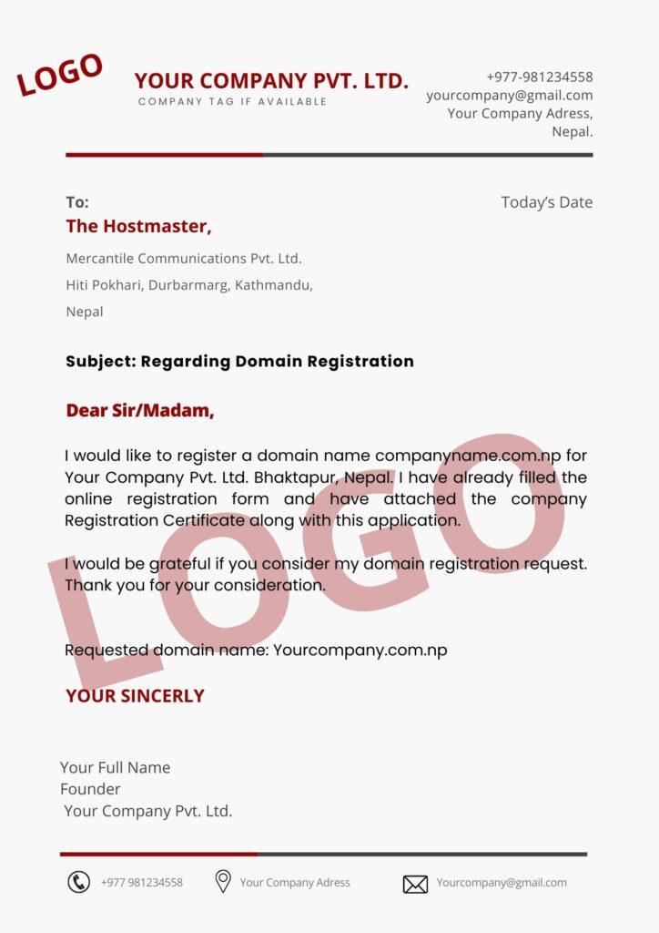 Cover Letter for Domain Registration for Business Use.